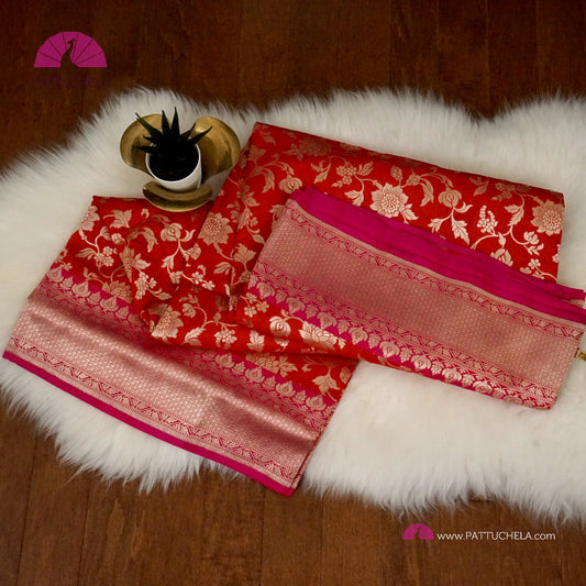 Pure Banarasi Katan Jaal Jangala handloom Silk in Red and Pink