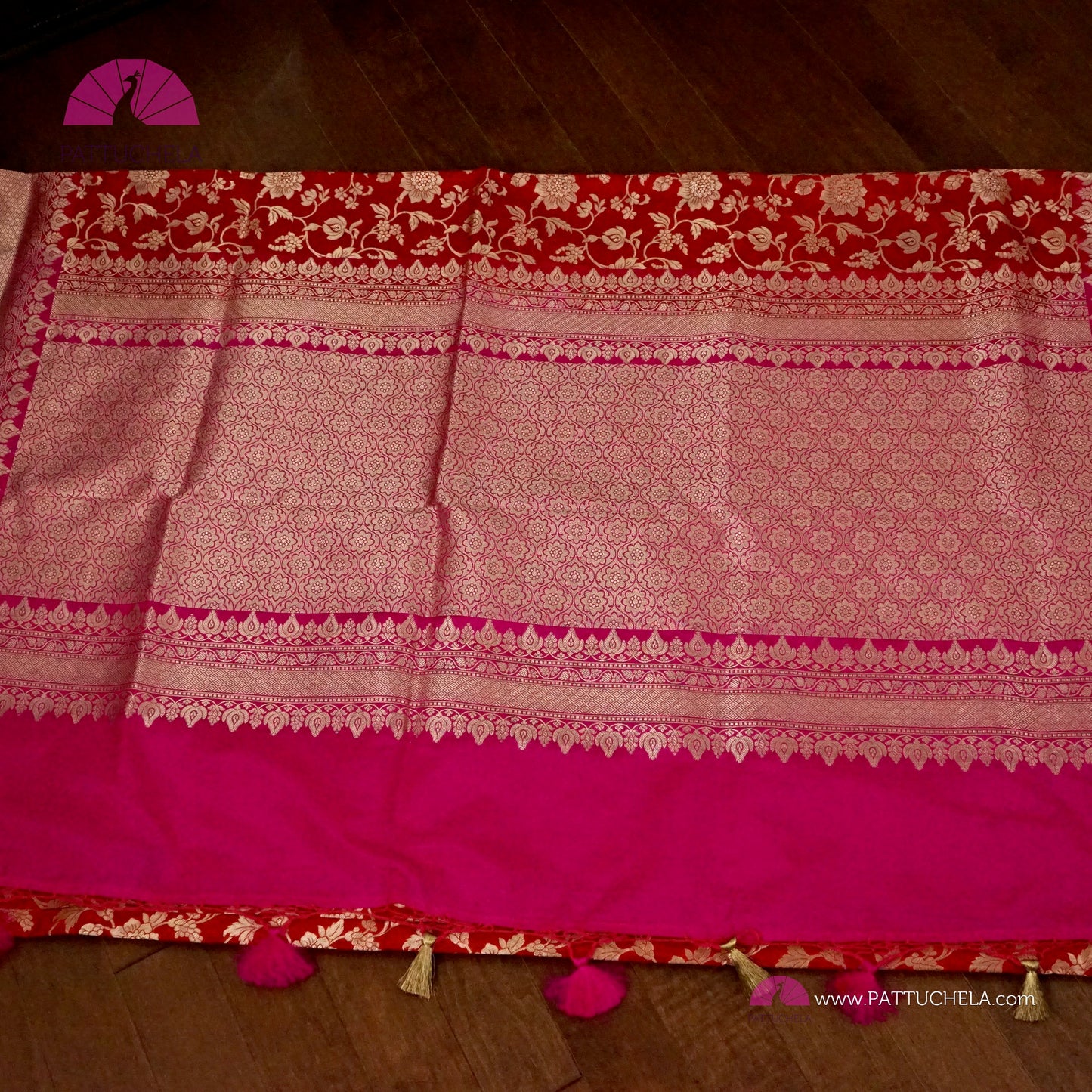 Pure Banarasi Katan Jaal Jangala handloom Silk in Red and Pink