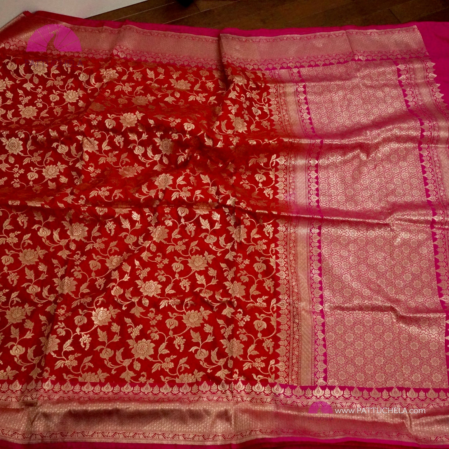 Pure Banarasi Katan Jaal Jangala handloom Silk in Red and Pink