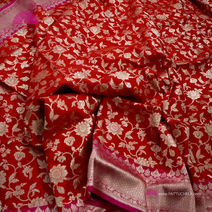 Pure Banarasi Katan Jaal Jangala handloom Silk in Red and Pink