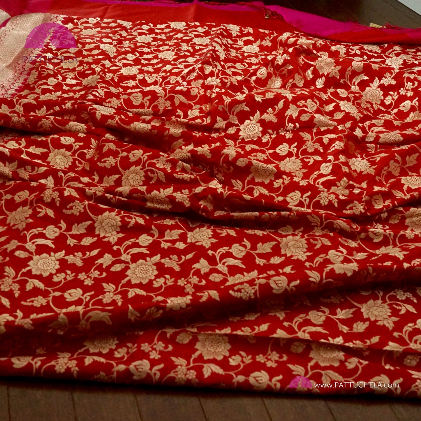 Pure Banarasi Katan Jaal Jangala handloom Silk in Red and Pink