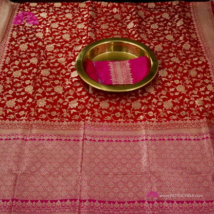 Pure Banarasi Katan Jaal Jangala handloom Silk in Red and Pink