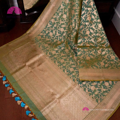 Pure Banarasi Katan Jangala handloom Silk in Mint Green dual tones