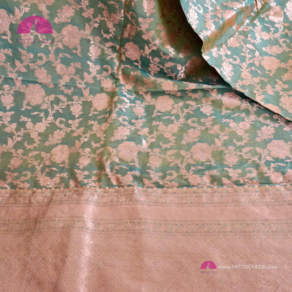 Pure Banarasi Katan Jangala handloom Silk in Mint Green dual tones