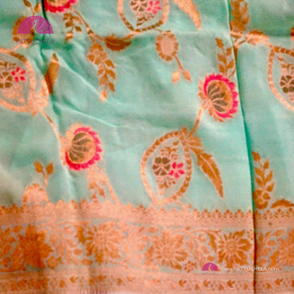 Turqouise Banarasi Georgette Silk handwoven Saree with Meenakari Jaal weaves