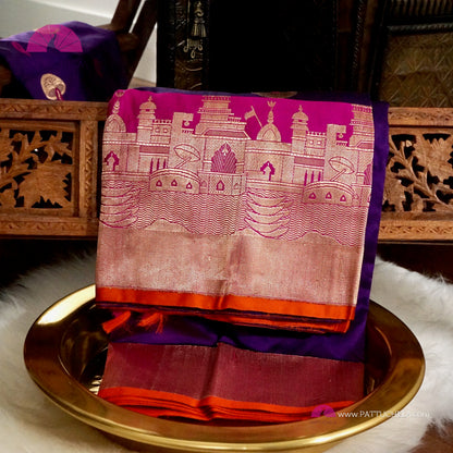 Purple Pure Banarasi Katan Silk handloom Saree with Ghat Borders in Kadhuan Weaves