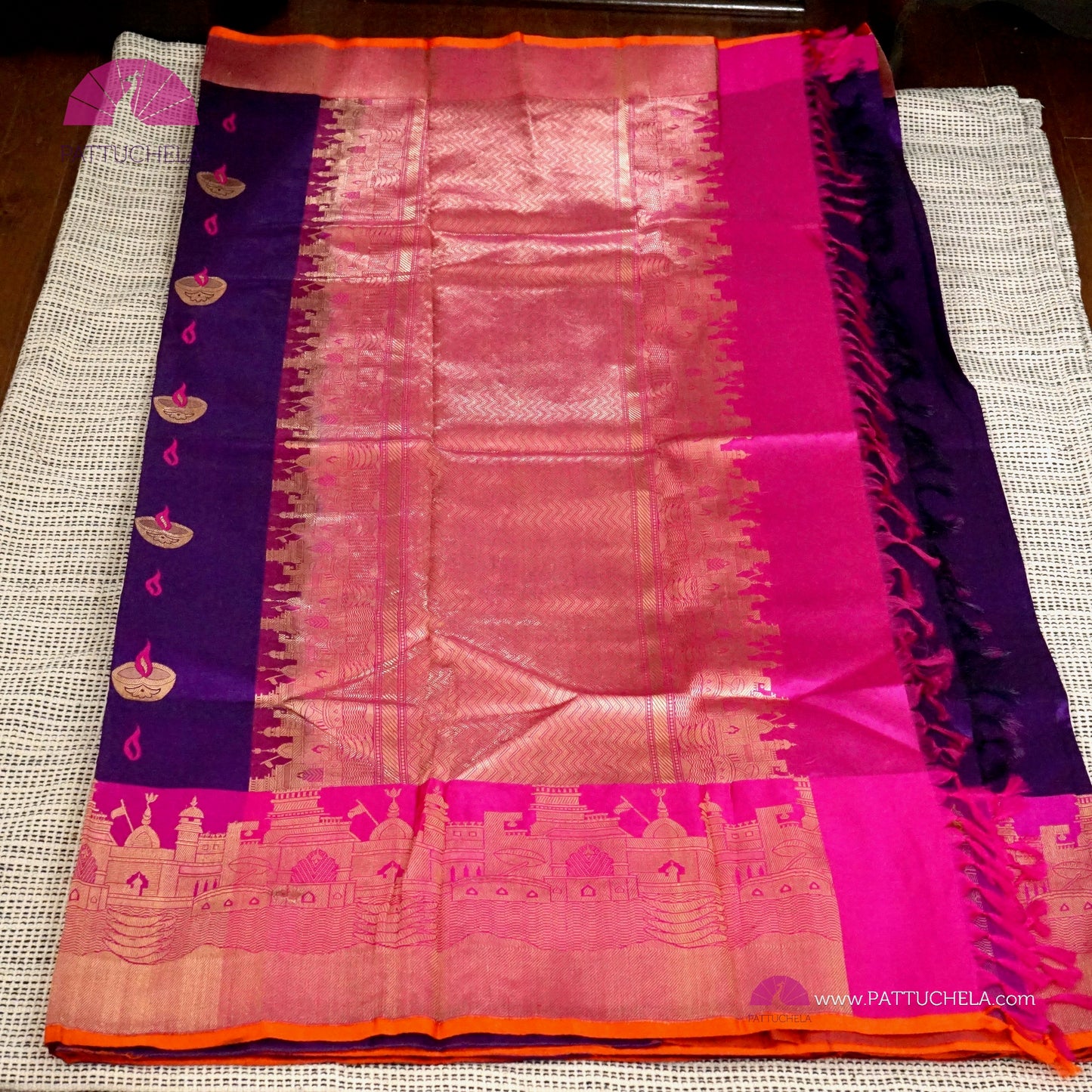 Purple Pure Banarasi Katan Silk handloom Saree with Ghat Borders in Kadhuan Weaves