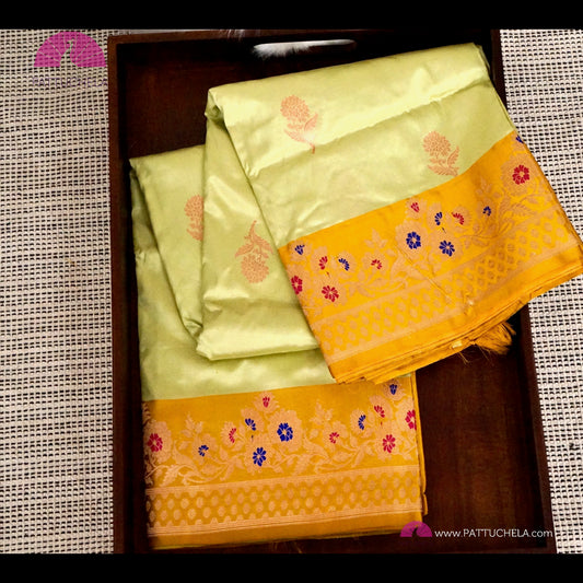Pale Apple Green Banarasi Katan Kadhua handloom Silk Saree with Mustard Meenakari Borders