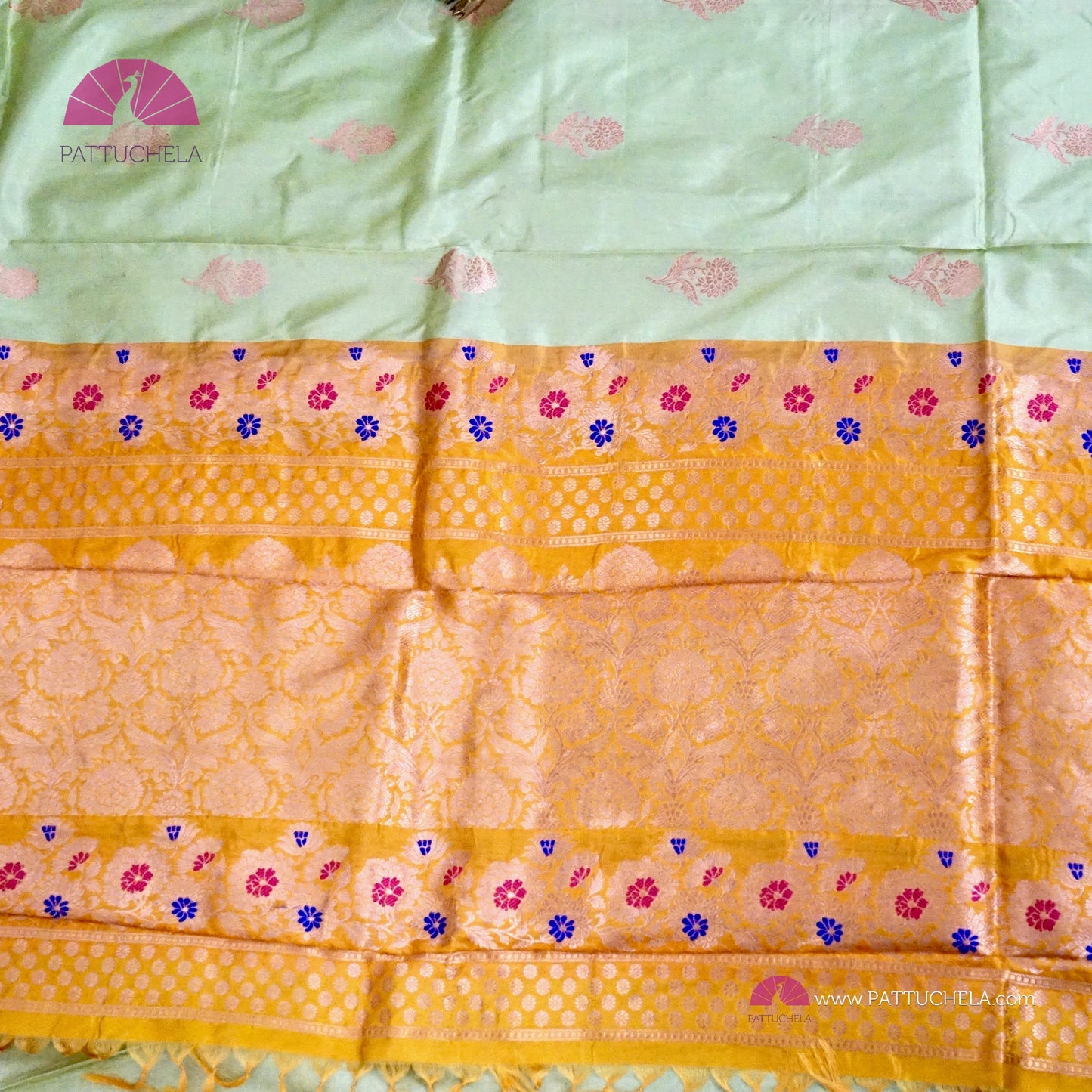 Pale Apple Green Banarasi Katan Kadhua handloom Silk Saree with Mustard Meenakari Borders