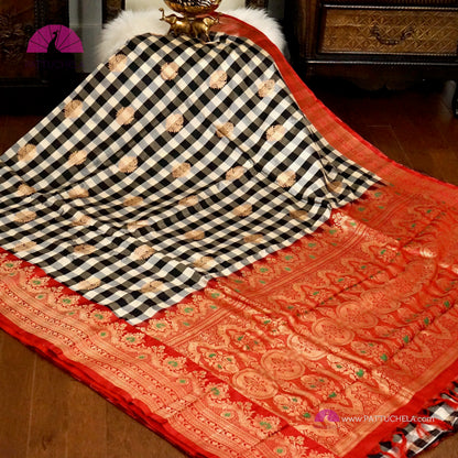 Black and White Checked Banarasi Katan Kadhua handloom Silk Saree with Red Meenakari Border