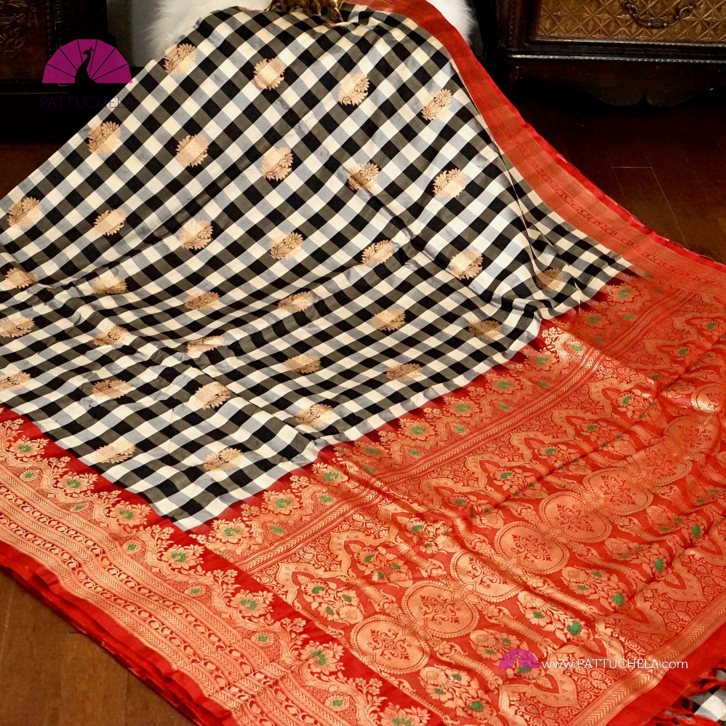 Black and White Checked Banarasi Katan Kadhua handloom Silk Saree with Red Meenakari Border