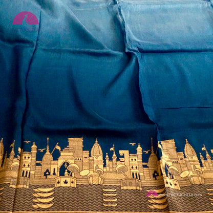 Blue Ombre Pure Banarasi Munga Crepe Soft Silk Saree with Banarasi Ghat Borders