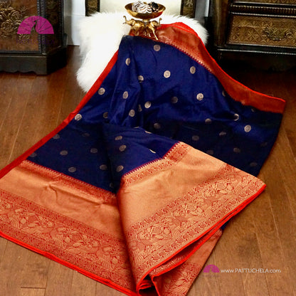 Pure Banarasi Munga Handwoven Soft Silk Saree in Midnight Blue with Red combo