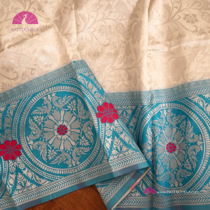 Silvery White Banarasi Semi Katan handwoven Soft Silk Saree