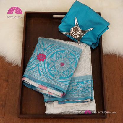 Silvery White Banarasi Semi Katan handwoven Soft Silk Saree