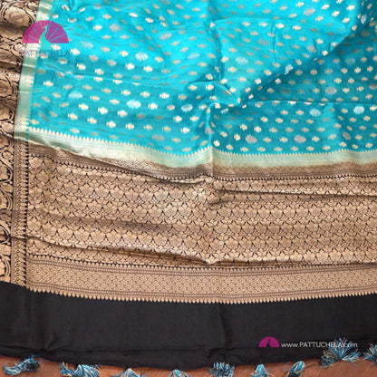 Deep Sky Blue Banarasi Kora Silk handloom Saree with Contrast Black Zari woven Borders