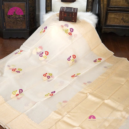 Off White Banarasi Kora/Organza Silk Handwoven Saree with Reshami Meena Motifs