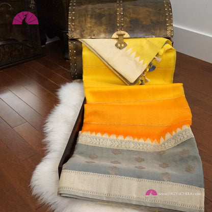 Gorgeous Yellow Ombre Leheriya Banarasi Kora Silk handloom Saree