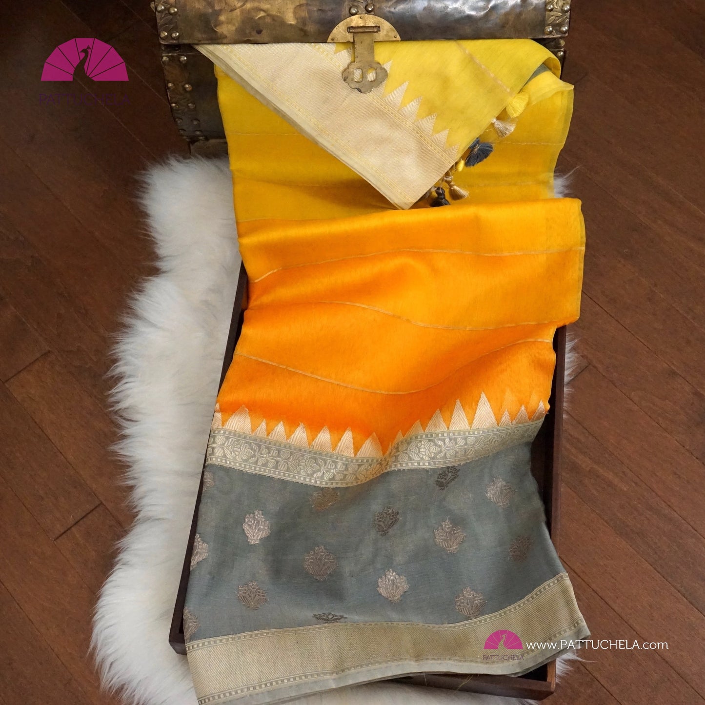 Gorgeous Yellow Ombre Leheriya Banarasi Kora Silk handloom Saree