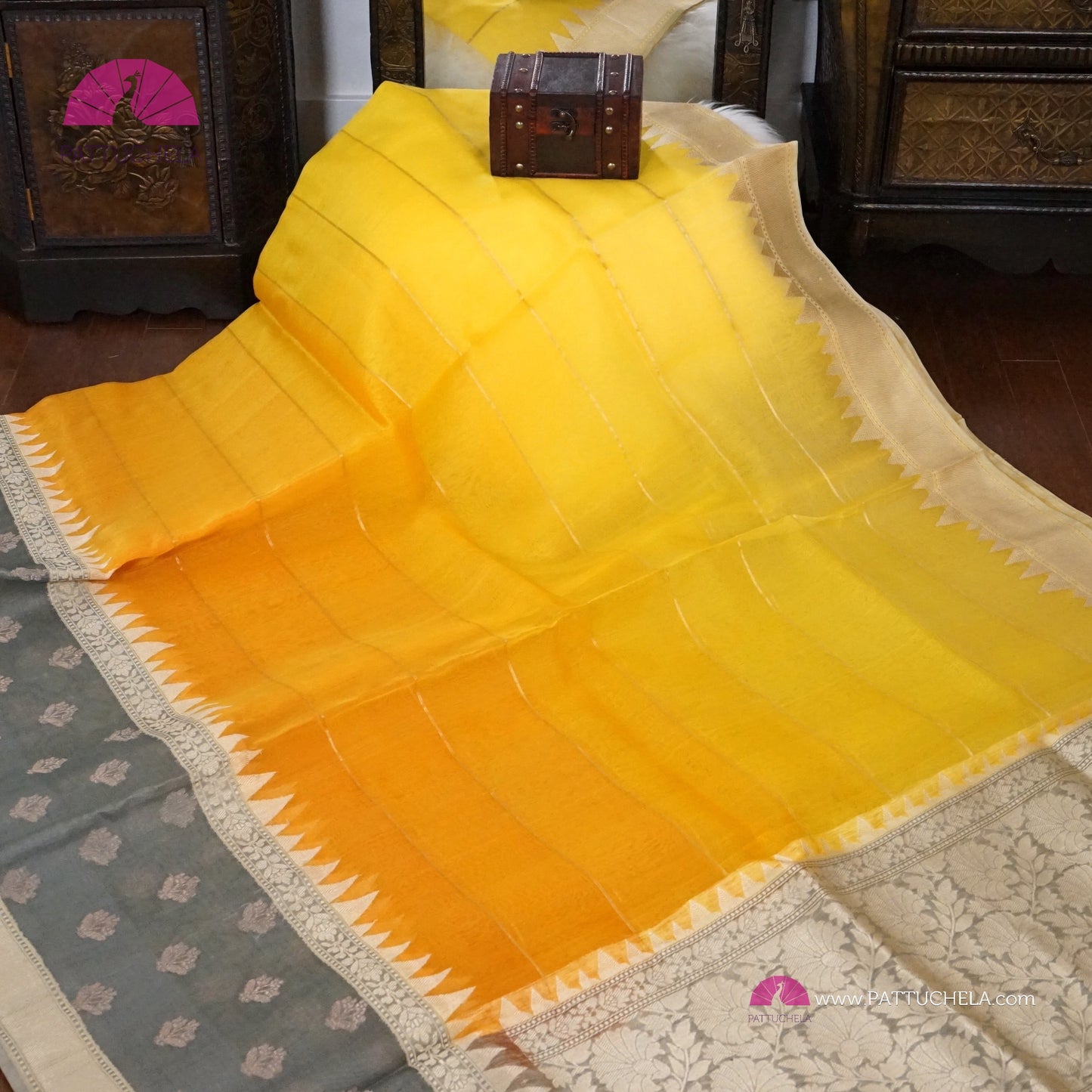 Gorgeous Yellow Ombre Leheriya Banarasi Kora Silk handloom Saree