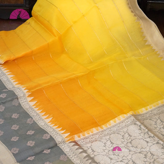 Gorgeous Yellow Ombre Leheriya Banarasi Kora Silk handloom Saree