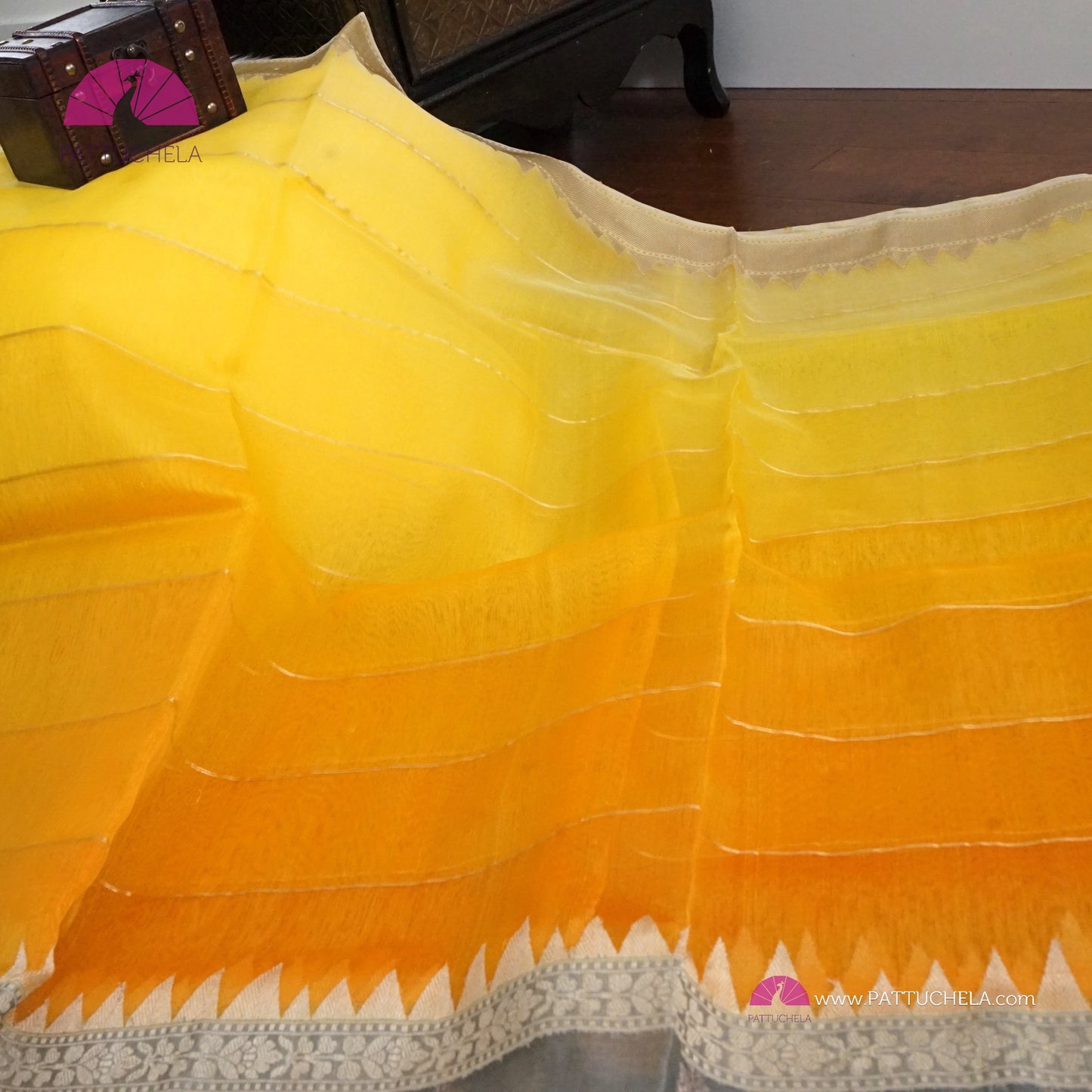 Gorgeous Yellow Ombre Leheriya Banarasi Kora Silk handloom Saree