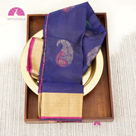 Navy Blue Pure Kanchipuram Soft Silk Saree with Meenakari Paisley Zari Motifs | Wedding Saree | SILK MARK CERTIFIED | Kanjivaram Silks