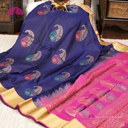 Navy Blue Pure Kanchipuram Soft Silk Saree with Meenakari Paisley Zari Motifs | Wedding Saree | SILK MARK CERTIFIED | Kanjivaram Silks