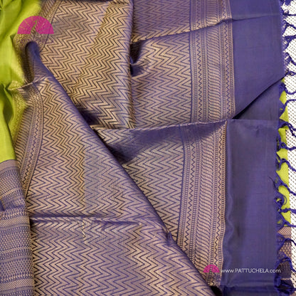 Green Kanchipuram Handloom SILK MARK CERTIFIED Soft Silk Saree with Purple Blue Borders