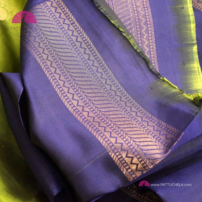 Green Kanchipuram Handloom SILK MARK CERTIFIED Soft Silk Saree with Purple Blue Borders