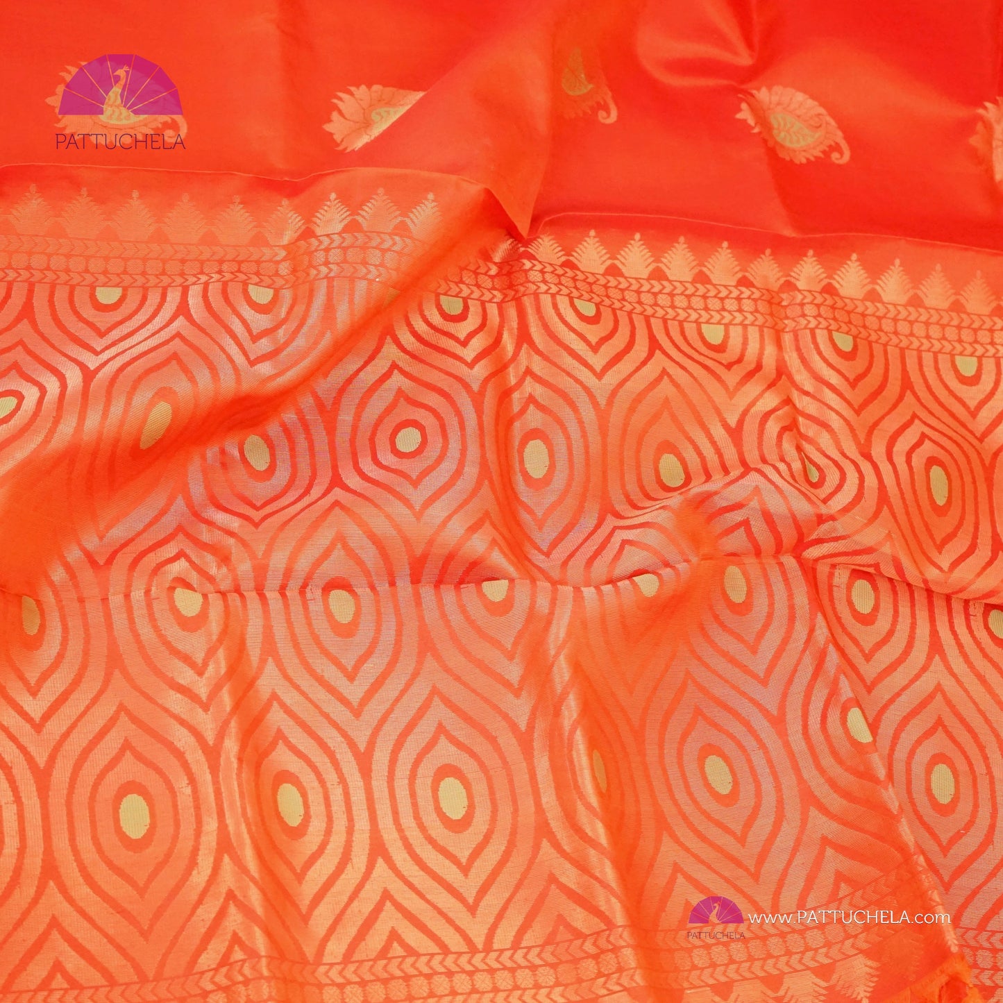 Blaze Orange Pure Kanchipuram Borderless Soft Silk Saree with Paisely Zari Motifs | Borderless Saree | Party Wear | SILK MARK CERTIFIED | Kanjivaram Silks
