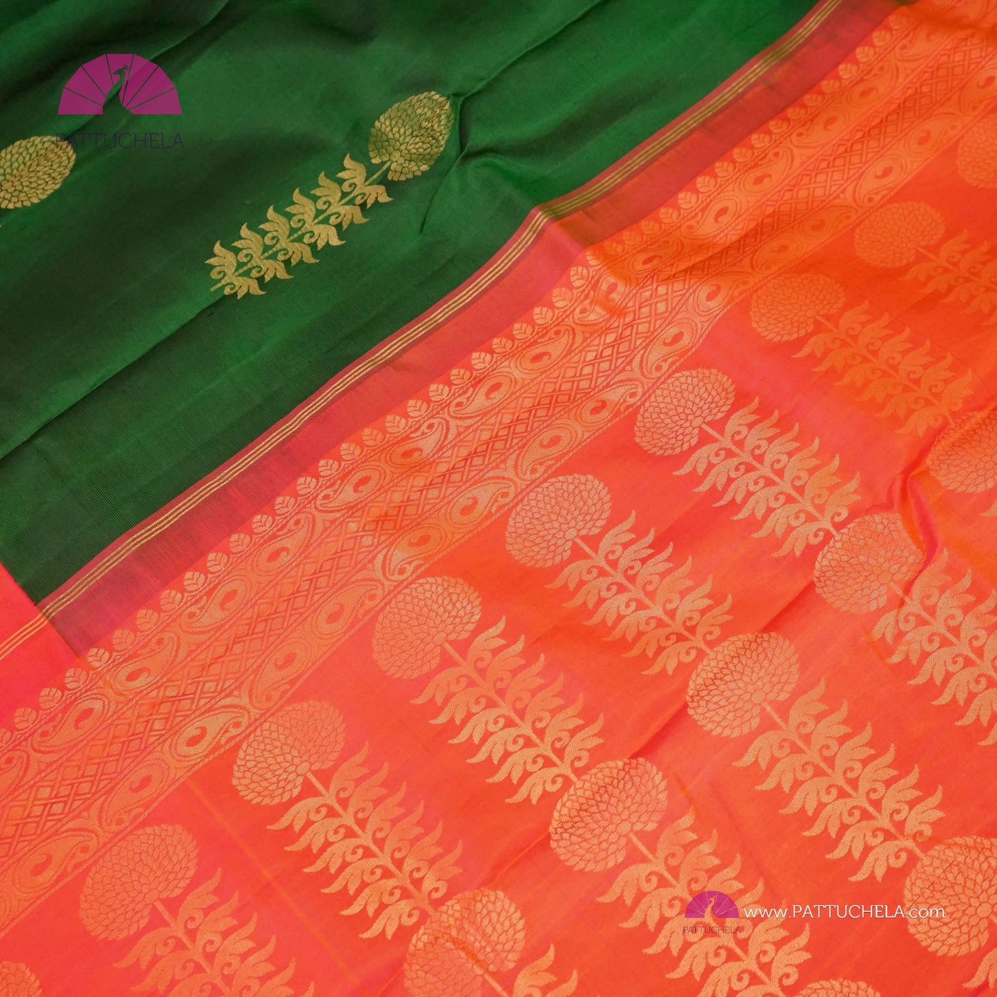 Emerald Green Pure Kanchipuram Handloom SILK MARK CERTIFIED Soft Silk Saree with Contrast Peach Pink Border