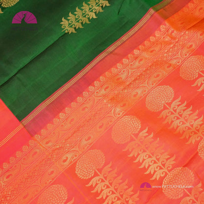 Emerald Green Pure Kanchipuram Handloom SILK MARK CERTIFIED Soft Silk Saree with Contrast Peach Pink Border