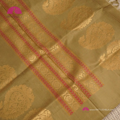 Olive Green Pure Kanchipuram Borderless Soft Silk Saree with Paisley Zari Motifs | Wedding Saree | SILKMARK CERTIFIED | Kanjivaram Silks