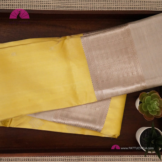 Pastel Yellow Pure Classic Kanchipuram Soft Silk Saree with Pastel Beige Silver Zari Border, Motifs and Pallu | Wedding Saree | SILK MARK CERTIFIED | Kanjivaram Silks