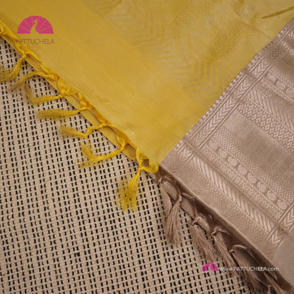 Pastel Yellow Pure Classic Kanchipuram Soft Silk Saree with Pastel Beige Silver Zari Border, Motifs and Pallu | Wedding Saree | SILK MARK CERTIFIED | Kanjivaram Silks