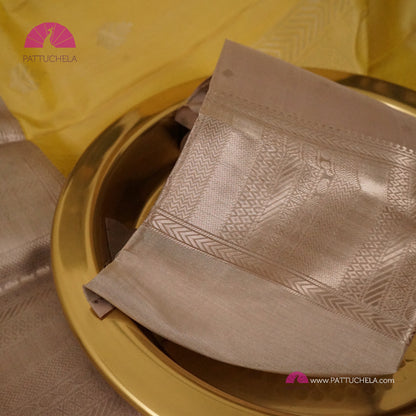 Pastel Yellow Pure Classic Kanchipuram Soft Silk Saree with Pastel Beige Silver Zari Border, Motifs and Pallu | Wedding Saree | SILK MARK CERTIFIED | Kanjivaram Silks