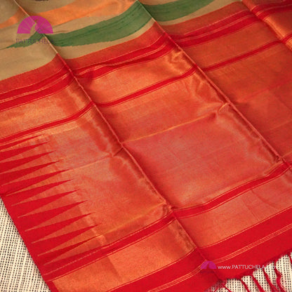 Pure Kanchipuram borderless Beige Handloom SILK MARK CERTIFIED Saree with multiple hues