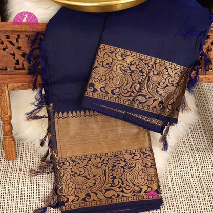 Indigo Blue Pure Kanchipuram Handloom SILK MARK CERTIFIED Saree with Gold Zari Border