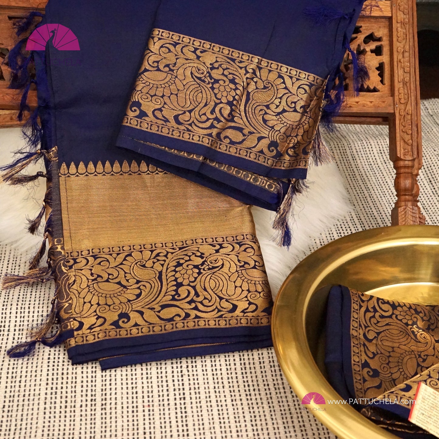 Indigo Blue Pure Kanchipuram Handloom SILK MARK CERTIFIED Saree with Gold Zari Border