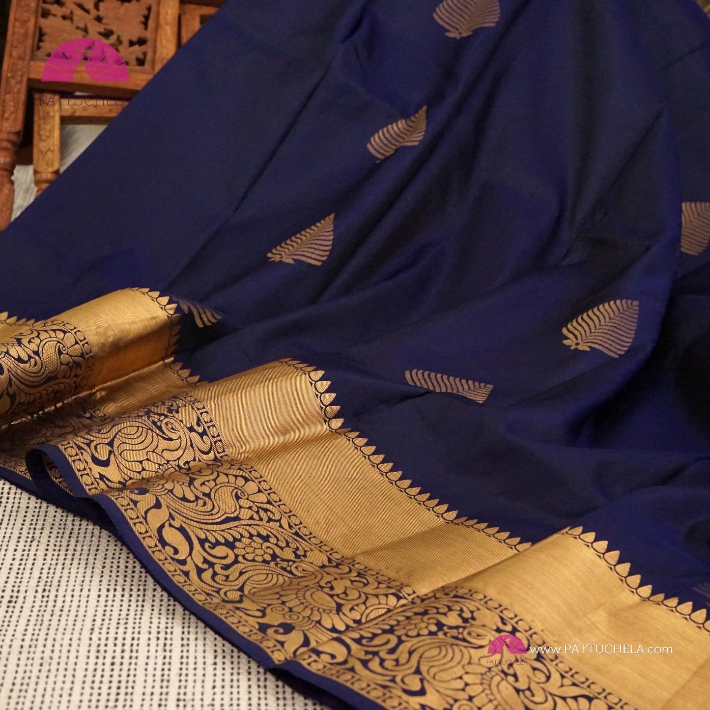 Indigo Blue Pure Kanchipuram Handloom SILK MARK CERTIFIED Saree with Gold Zari Border