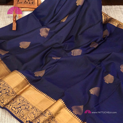 Indigo Blue Pure Kanchipuram Handloom SILK MARK CERTIFIED Saree with Gold Zari Border