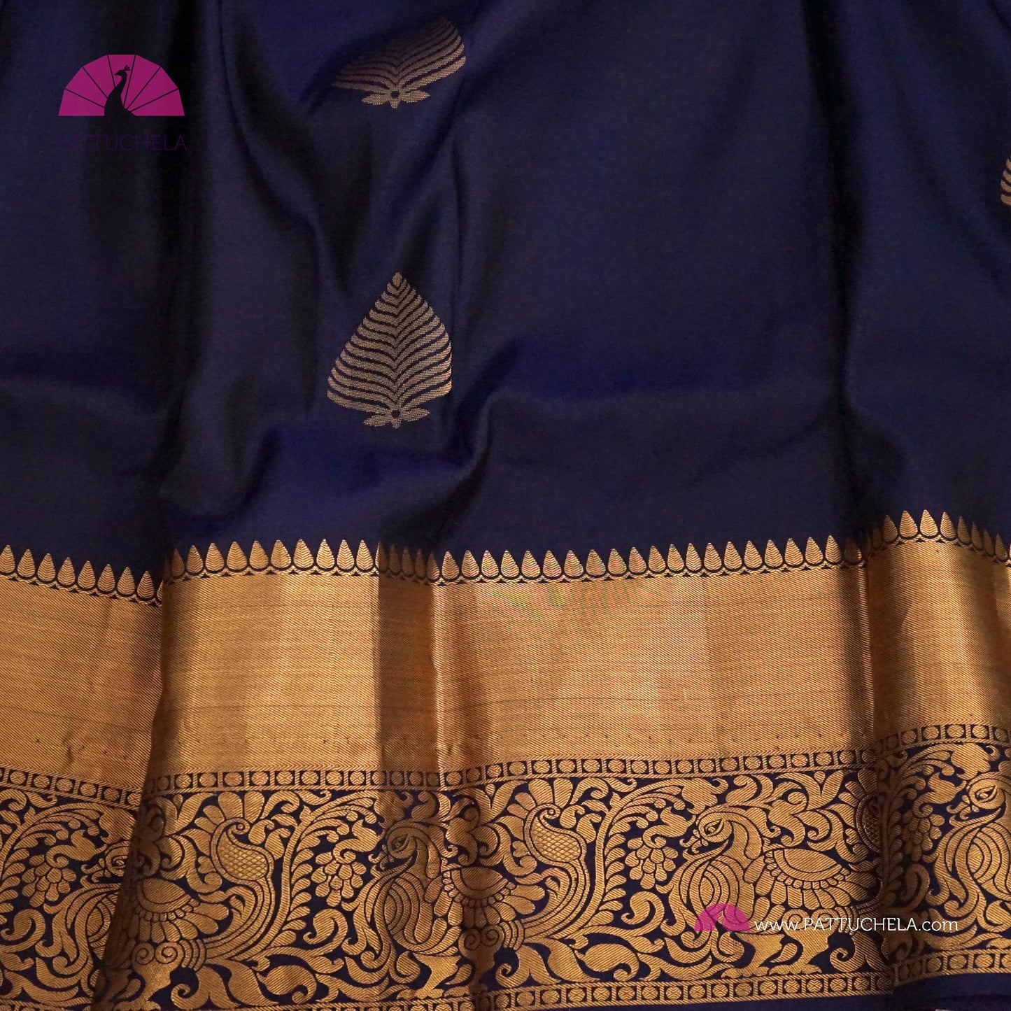 Indigo Blue Pure Kanchipuram Handloom SILK MARK CERTIFIED Saree with Gold Zari Border