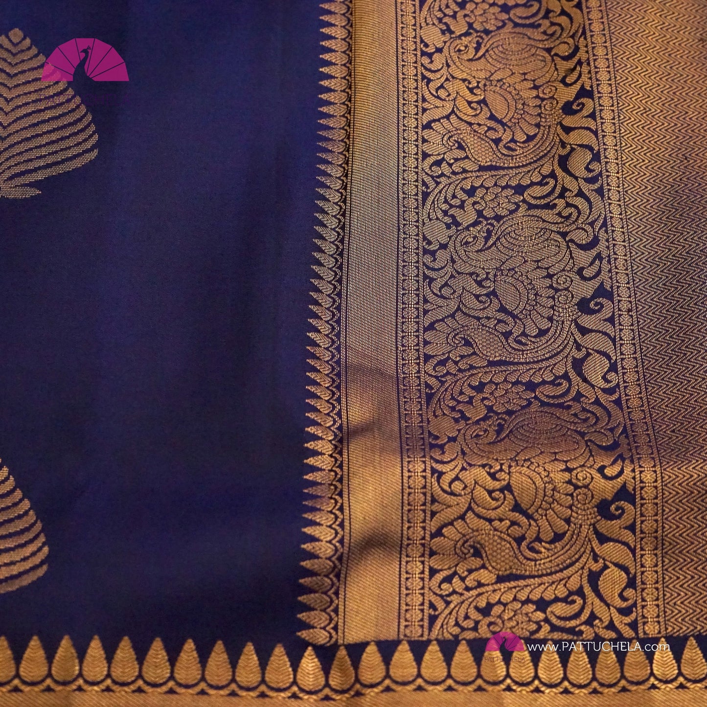 Indigo Blue Pure Kanchipuram Handloom SILK MARK CERTIFIED Saree with Gold Zari Border