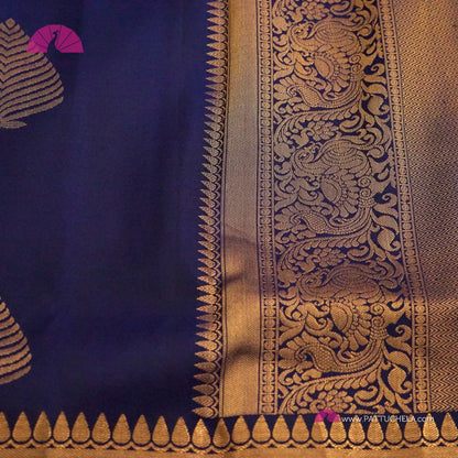 Indigo Blue Pure Kanchipuram Handloom SILK MARK CERTIFIED Saree with Gold Zari Border