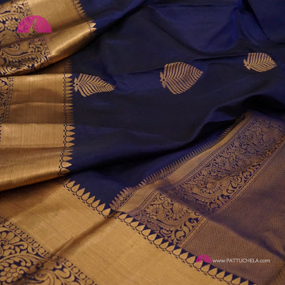 Indigo Blue Pure Kanchipuram Handloom SILK MARK CERTIFIED Saree with Gold Zari Border