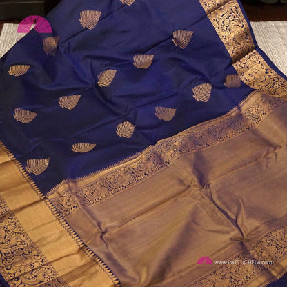 Indigo Blue Pure Kanchipuram Handloom SILK MARK CERTIFIED Saree with Gold Zari Border