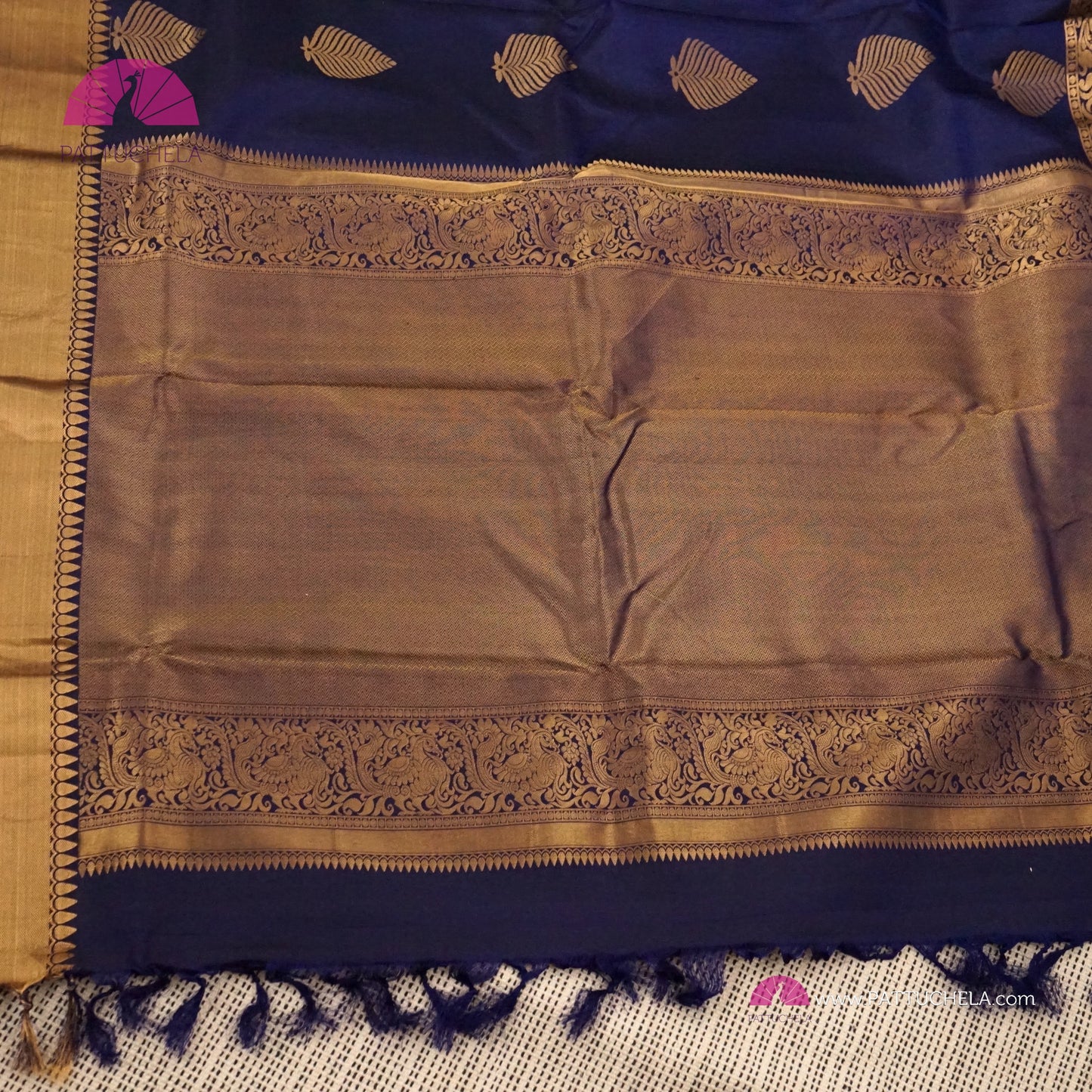 Indigo Blue Pure Kanchipuram Handloom SILK MARK CERTIFIED Saree with Gold Zari Border