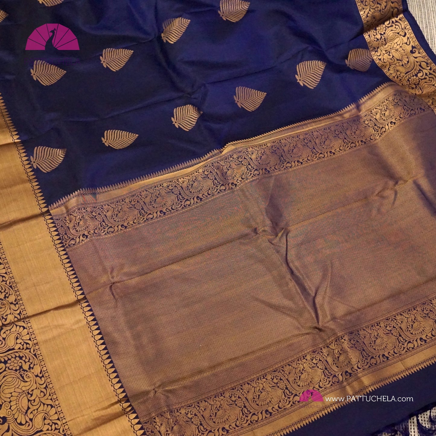 Indigo Blue Pure Kanchipuram Handloom SILK MARK CERTIFIED Saree with Gold Zari Border