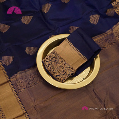 Indigo Blue Pure Kanchipuram Handloom SILK MARK CERTIFIED Saree with Gold Zari Border